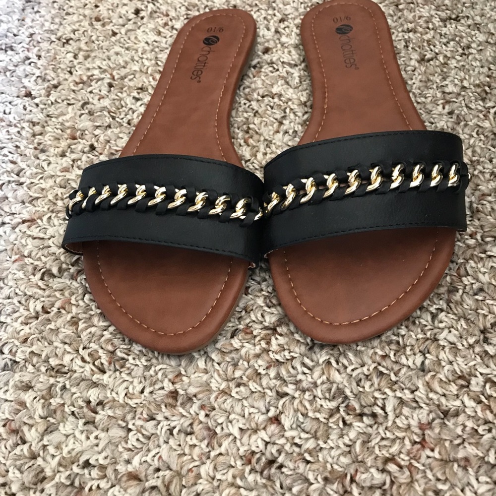 black slide on shoes with gold chain detail size L